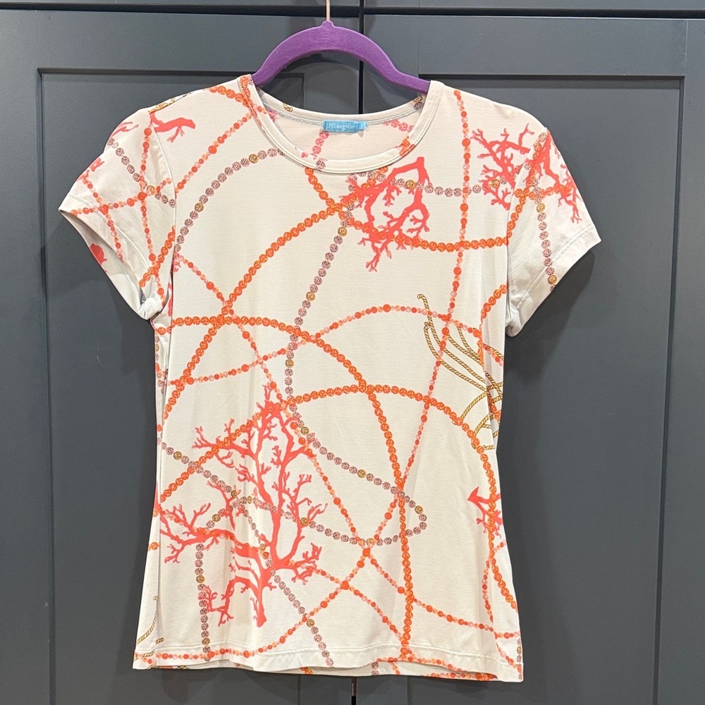 J. McLaughlin light blue Short-Sleeve Tee with Coral and Orange chain Print